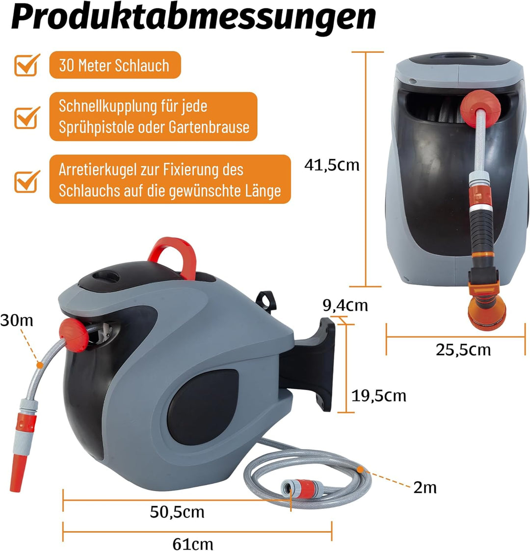 Gardena Wand-Schlauchbox RollUp 30 m – 180° Schwenkbare Schlauchtrommel, Flexible Bewässerung für Gr