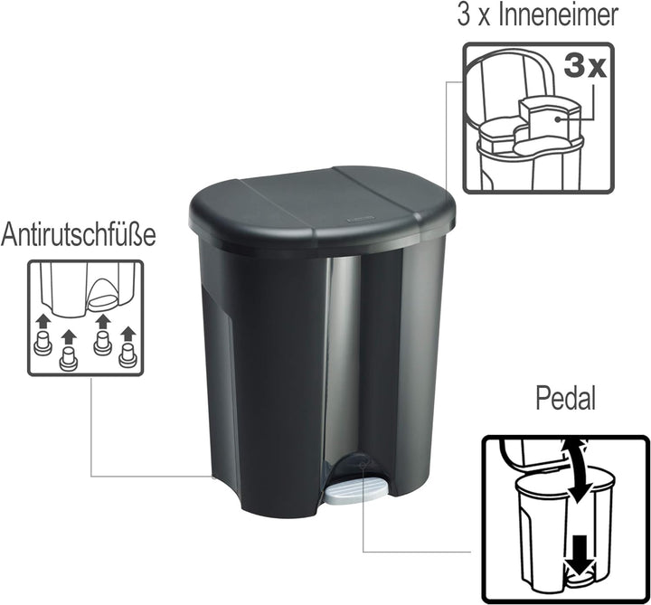 Rotho Trio Mülleimer 1x 10l + 2x 15l zur Mülltrennung mit Deckel, Kunststoff (PP) BPA-frei, schwarz,