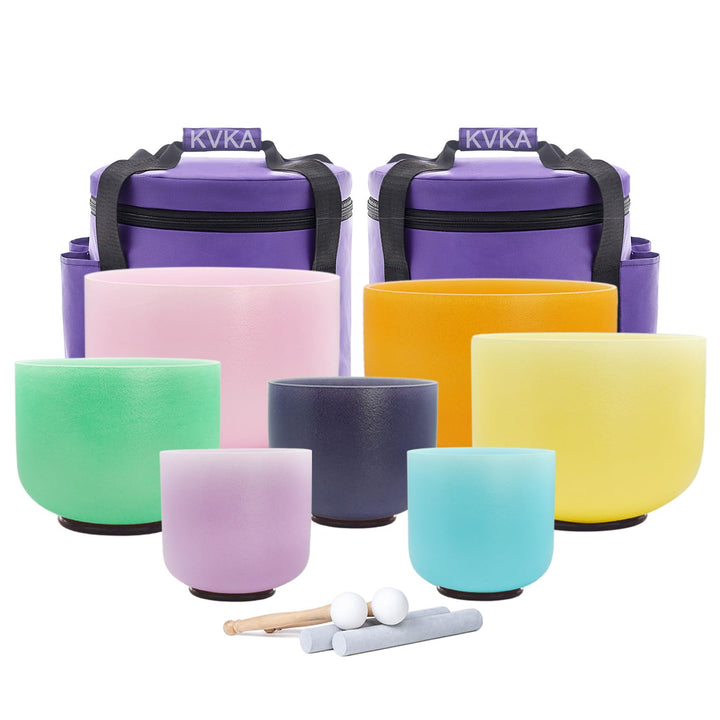 KVKA Kristall-Klangschalen Set, 7-12 inch 432Hz Light Colored Chakra Sound Healing Klangschalen für