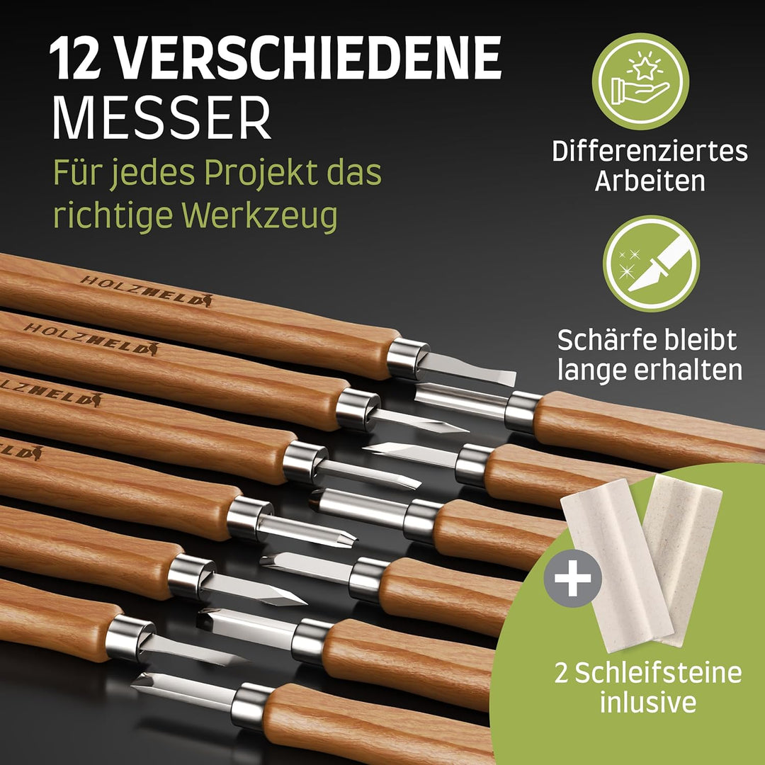 HOLZHELD Holzschnitzwerkzeug Set (14-teilig) mit Anleitung für 1 Schnitzprojekt - 12 Schnitzmesser a