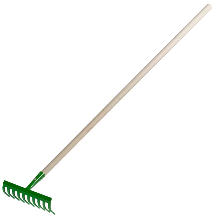 Garten Gerät Harke Rasen Boden Erde Rechen 10 Zinken Stahl grün Gartenrechen 24,8 cm mit Holz Stiel