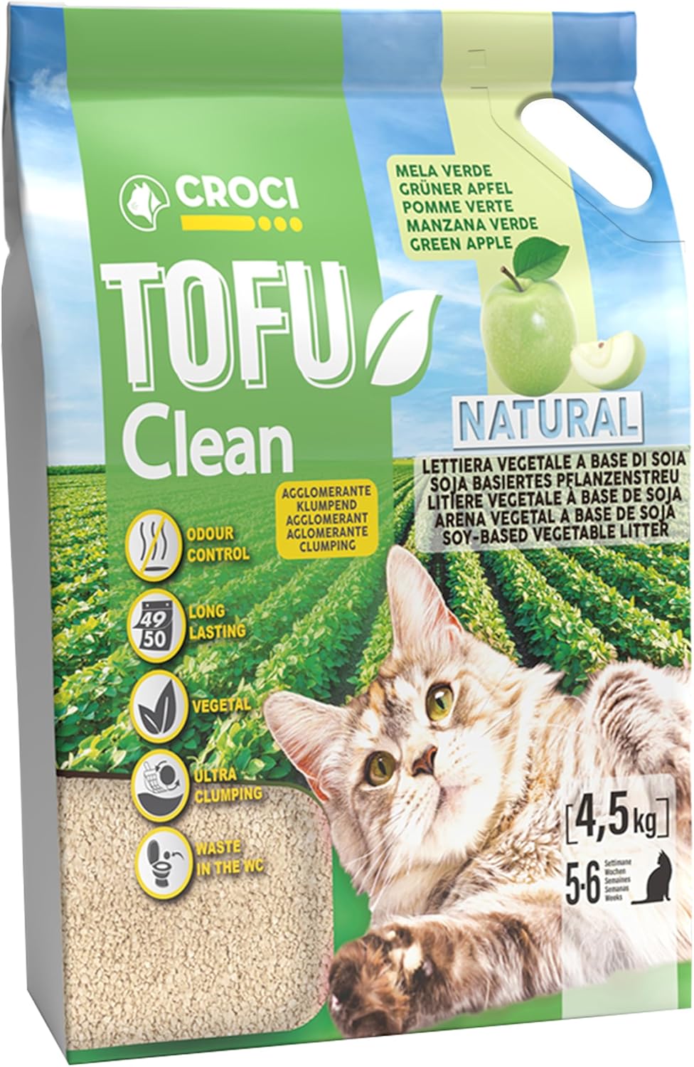 Croci Tofu Clean Katzenstreu mit grünem Duft, biologisch abbaubar, 100% pflanzlich, langanhaltend, g