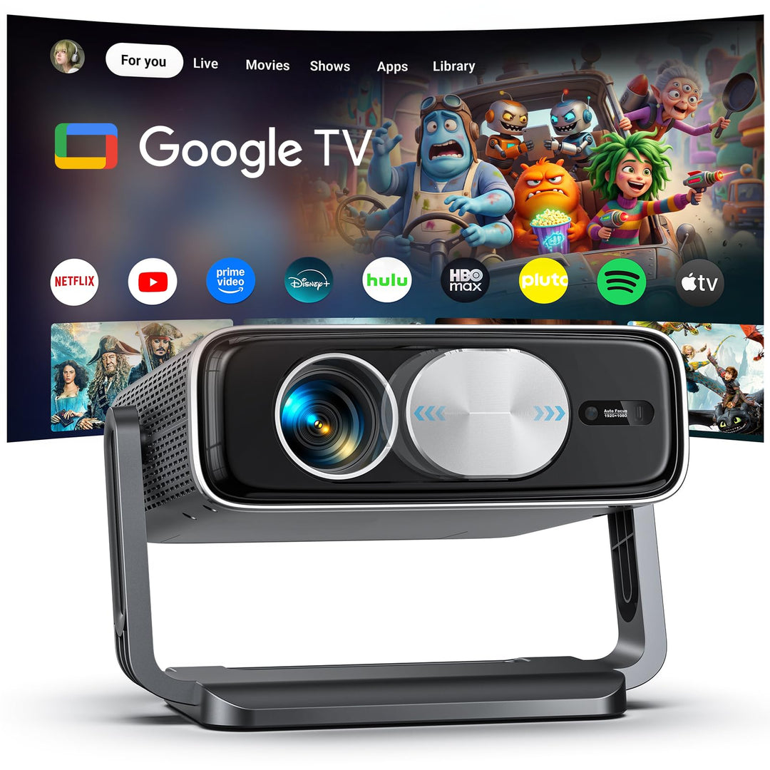 Smart Beamer [Google TV Stick ], 3000ANSI Projektor 4K Heimkino mit Netflix - Auto-Objektivabdeckung