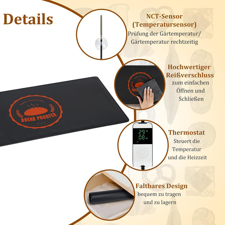 Brotwarmmatte Gärmatte, Heizmatte für Sauerteig mit Thermostat Sauerteig Heizpad für Teig Proofing,