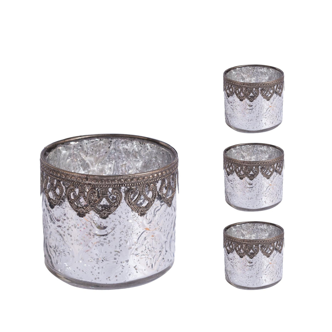 Jinfa 4er-Set Teelichthalter Silber Kerzenhalter Windlicht Glas Kerzengläser Teelichtgläser Weihnach