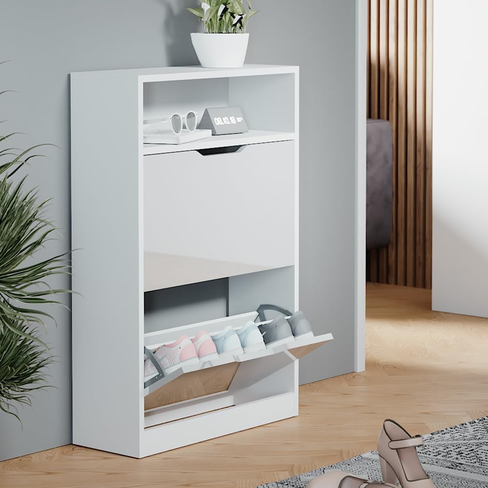 Vicco Schuhkipper Luca, Weiss/Weiss Hochglanz, 59 x 89.5 cm mit 2 Fächern, zur Aufbewahrung von Schu