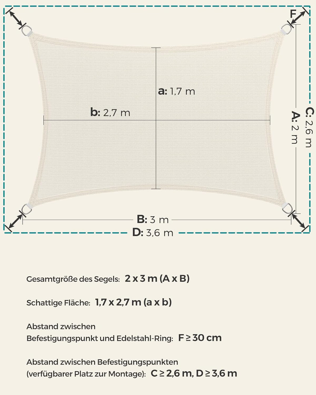 SONGMICS Sonnensegel 2 x 3 m, Sonnenschutz aus HDPE-Gewebe, luftdurchlässig, wasserdurchlässig, für
