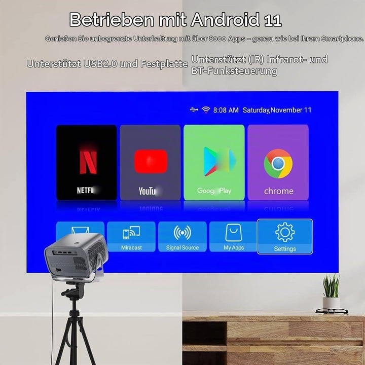 Smarter Projektor, Android 11-System, 1080P mit 4K-Unterstützung, Keystone-Korrektur, WiFi 6 &amp; Bluet