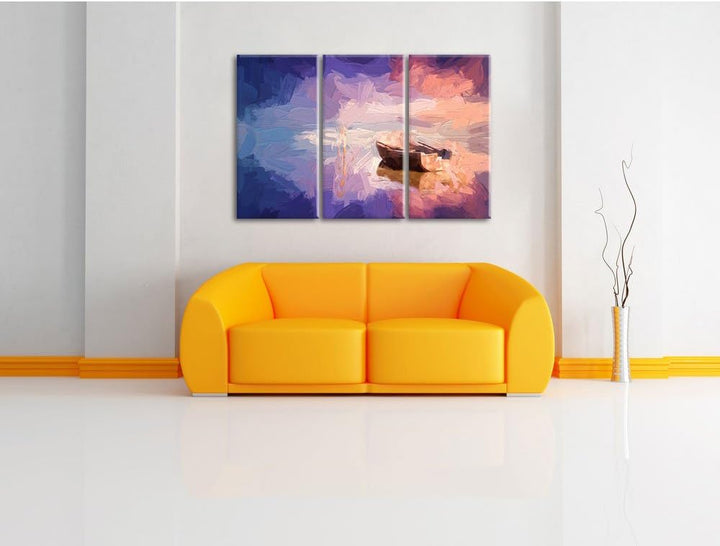 Pixxprint Einsames Boot auf See Pinsel Effekt 3-Teiler Leinwandbild 120x80 Bild auf Leinwand