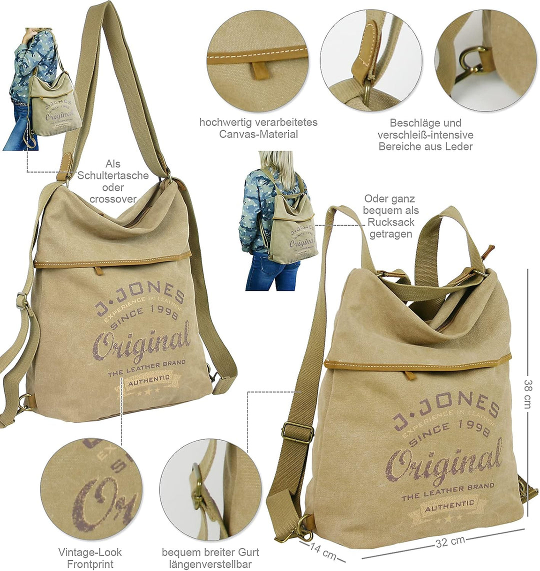 JENNIFER JONES - Grosse Damen Handtasche aus Canvas und Echtleder - Vintage Look - Casual Schulterta
