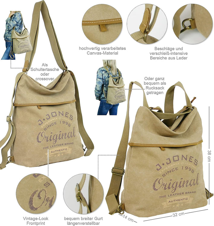 JENNIFER JONES - Grosse Damen Handtasche aus Canvas und Echtleder - Vintage Look - Casual Schulterta