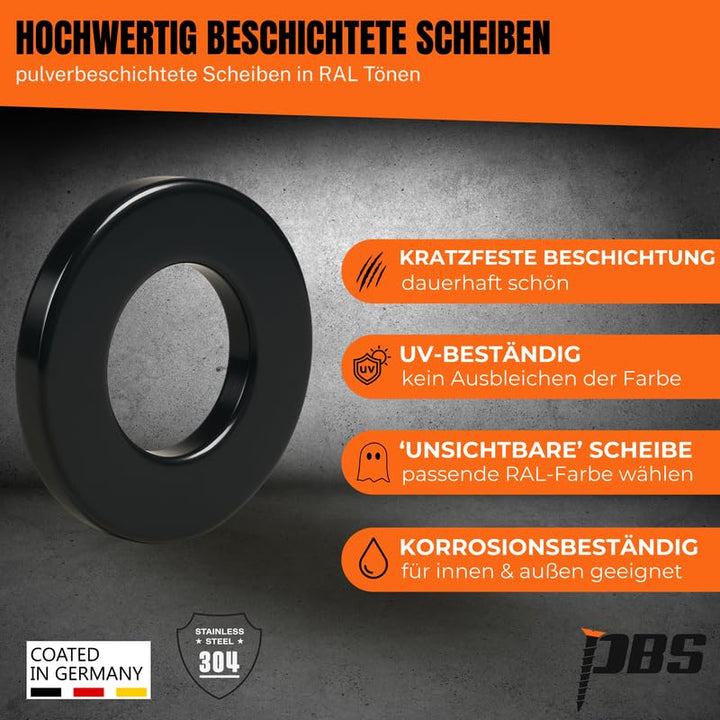 Unterlegscheiben M10-50Stk. I pulverbeschichtete Unterlegscheiben Edelstahl - DIN125 I rostfreie kle