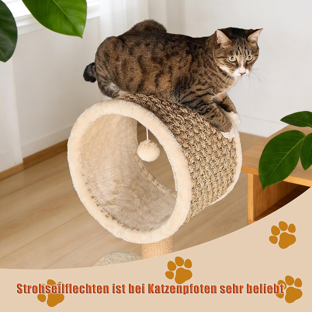 Kratzbaum Modern mit Sisal Kratzsäulen & Handgestrickter Höhle – Stabiler Katzenbaum aus Natürlichem