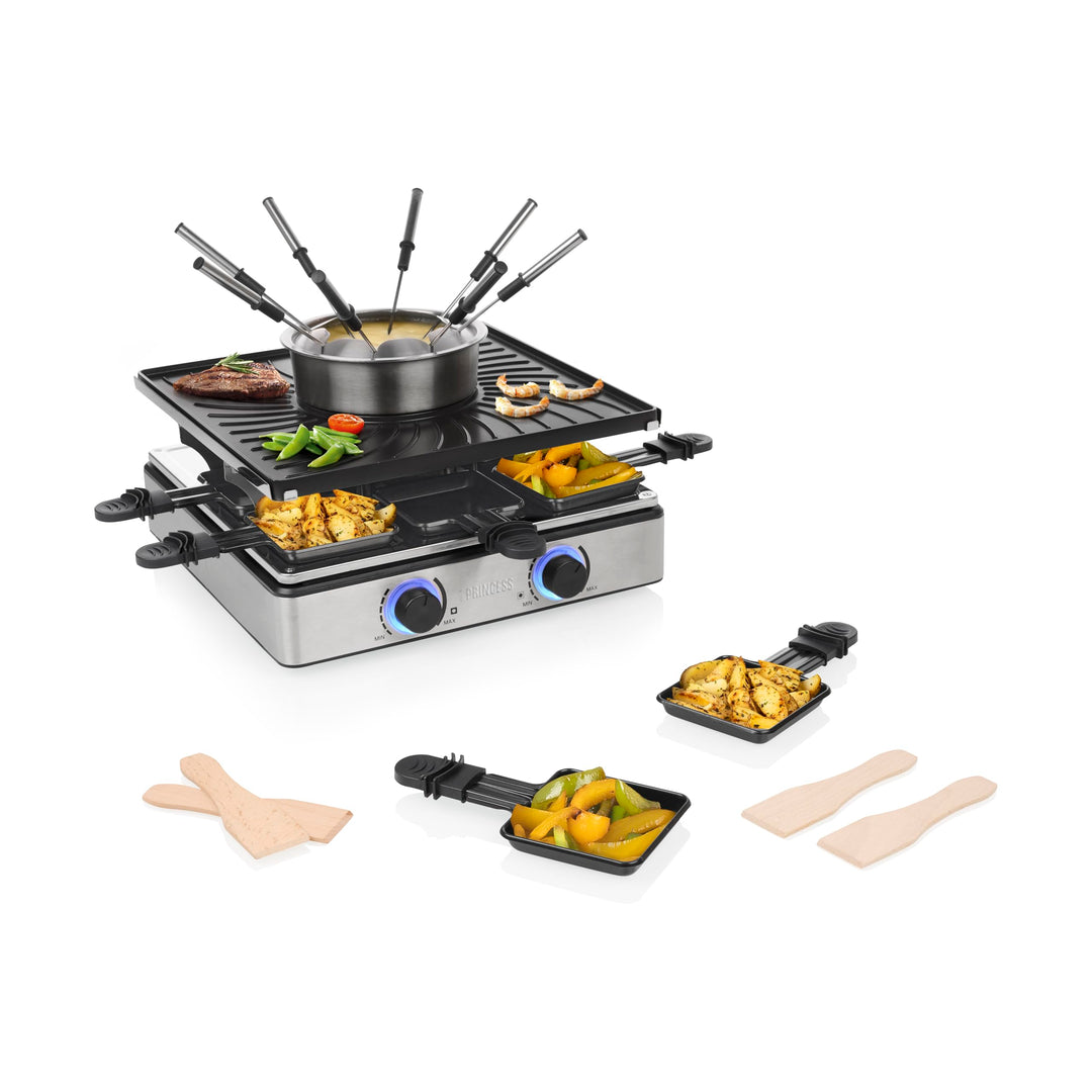 Princess Raclette und Fondue 5-in-1, 8 Personen, Doppelte Thermostate, 1,3 L Fonduetopf, PFAS-frei,