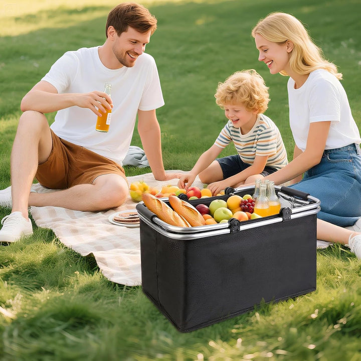 kühlkorb einkaufskorb 47L,Mit Reissverschluss isolierter, Faltbarer Picknickkorb,Klapprahmen aus Alu