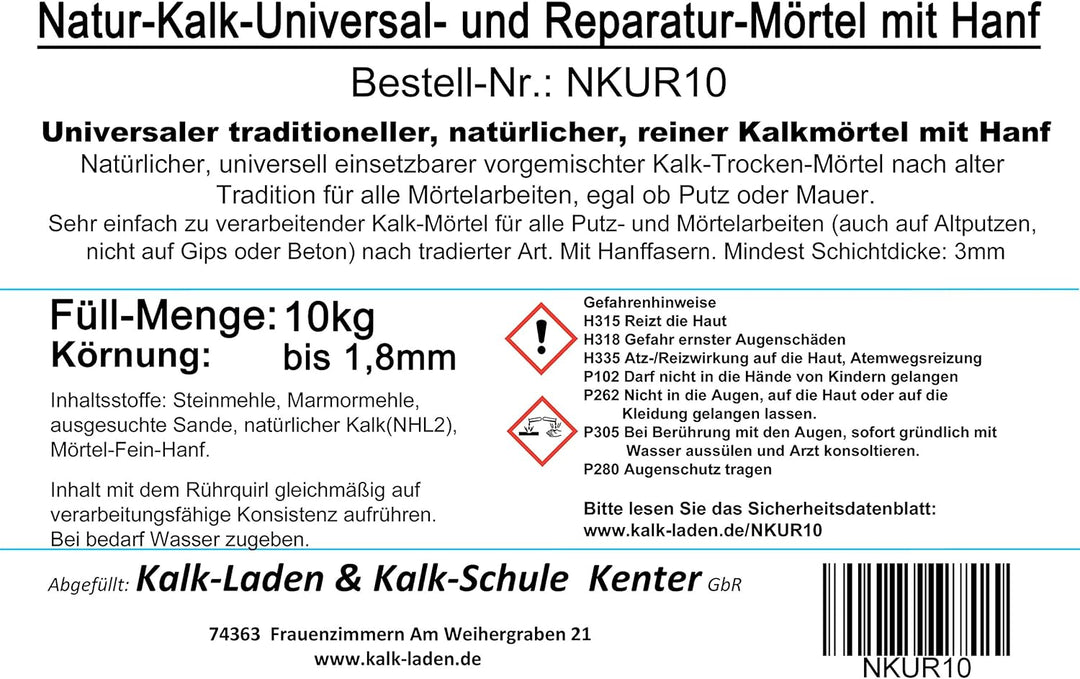 Naturkalk-Universal- und Reparaturmörtel mit Hanf 10kg Trockenmörtel im Eimer