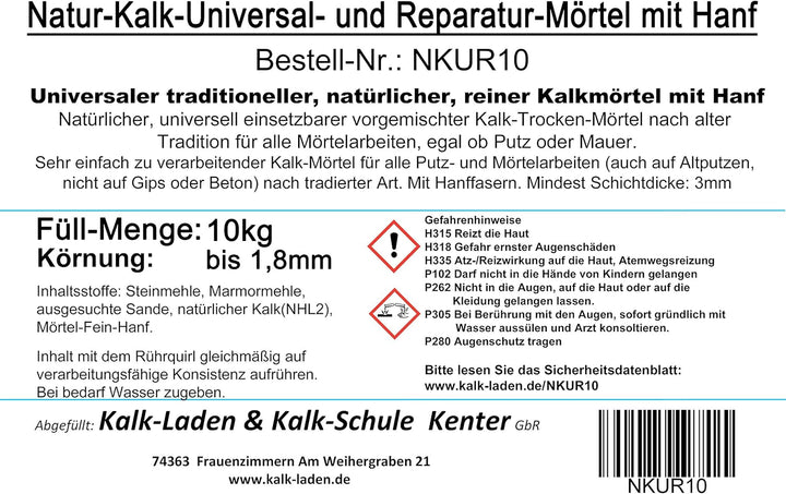 Naturkalk-Universal- und Reparaturmörtel mit Hanf 10kg Trockenmörtel im Eimer