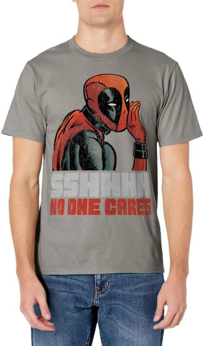 Mens Marvel Deadpool SHHH No One Cares Whisper Graphic T-Shirt C1 2XL Olive