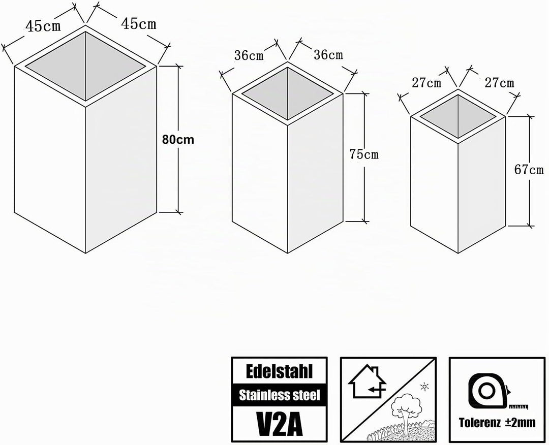 Köhko® Designer-Pflanzkübel aus Edelstahl Viva 45x45x80 cm | matt gebürsteter Blumengefäss eckig &amp; g