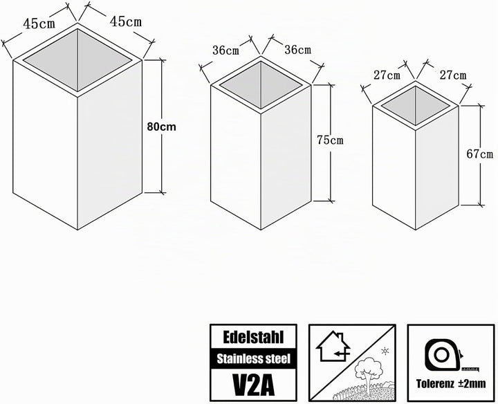 Köhko® Designer-Pflanzkübel aus Edelstahl Viva 45x45x80 cm | matt gebürsteter Blumengefäss eckig &amp; g