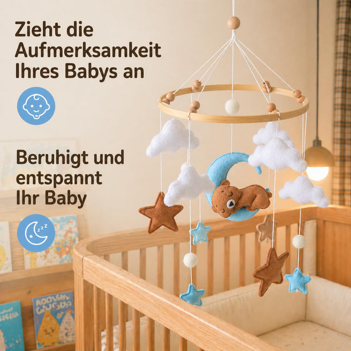 Baby Mobile Babybett Schlafbär, handgemachtes Babymobile mit Bär, Mond und Wolken, Mobile für Babybe