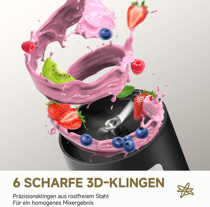 AMZCHEF Tragbarer Mixer 600ml - Smoothie Maker mit 6 Klingen,120W Motor Mixer to Go, 6000mAh -15 Zyk