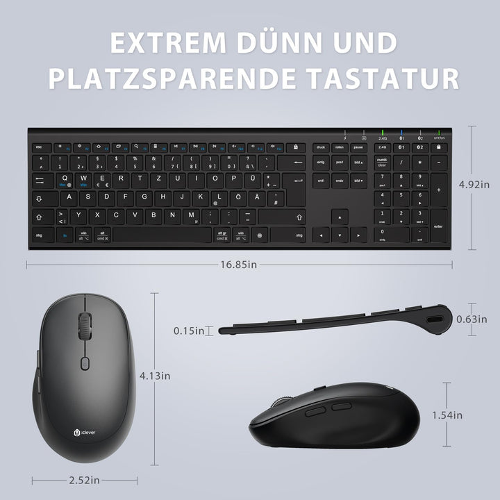iClever Bluetooth Tastatur mit Maus, Wiederaufladbare Dualmodus USB & Bluetooth Tastatur aus Metall,
