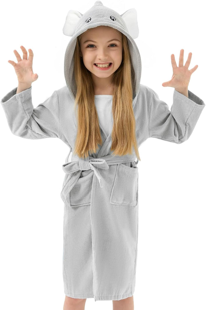 JiAmy 100% Baumwoll Kinder Bademantel mit Tierkapuze – Weich, Saugstark & Praktisch Grauer Elefant 1
