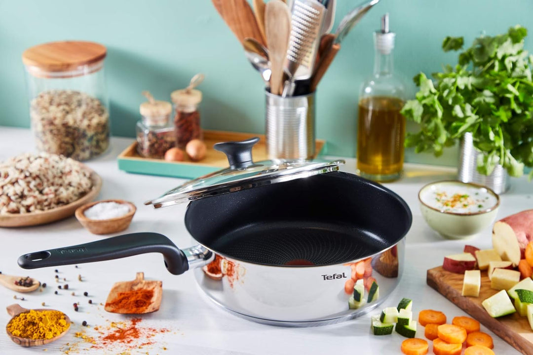Tefal Primary Schmorpfanne 24 cm + Glasdeckel, hochwertiger Edelstahl, gesunde Antihaftbeschichtung,