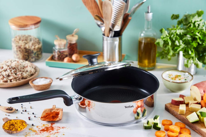 Tefal Primary Schmorpfanne 24 cm + Glasdeckel, hochwertiger Edelstahl, gesunde Antihaftbeschichtung,