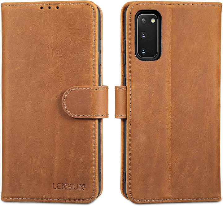 LENSUN Echtleder Hülle für Samsung Galaxy S20, Handyhülle [Echtes Leder] [Magnetverschluss] [Kartenf