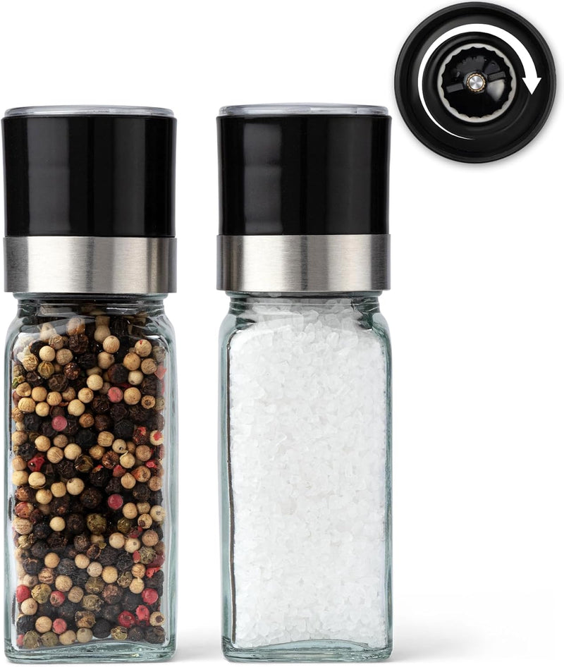 KIVY Salz und Pfeffermühle 2er Set + 8 Wasserfeste Label - Verstellbares Keramikmahlwerk - Gewürzmüh