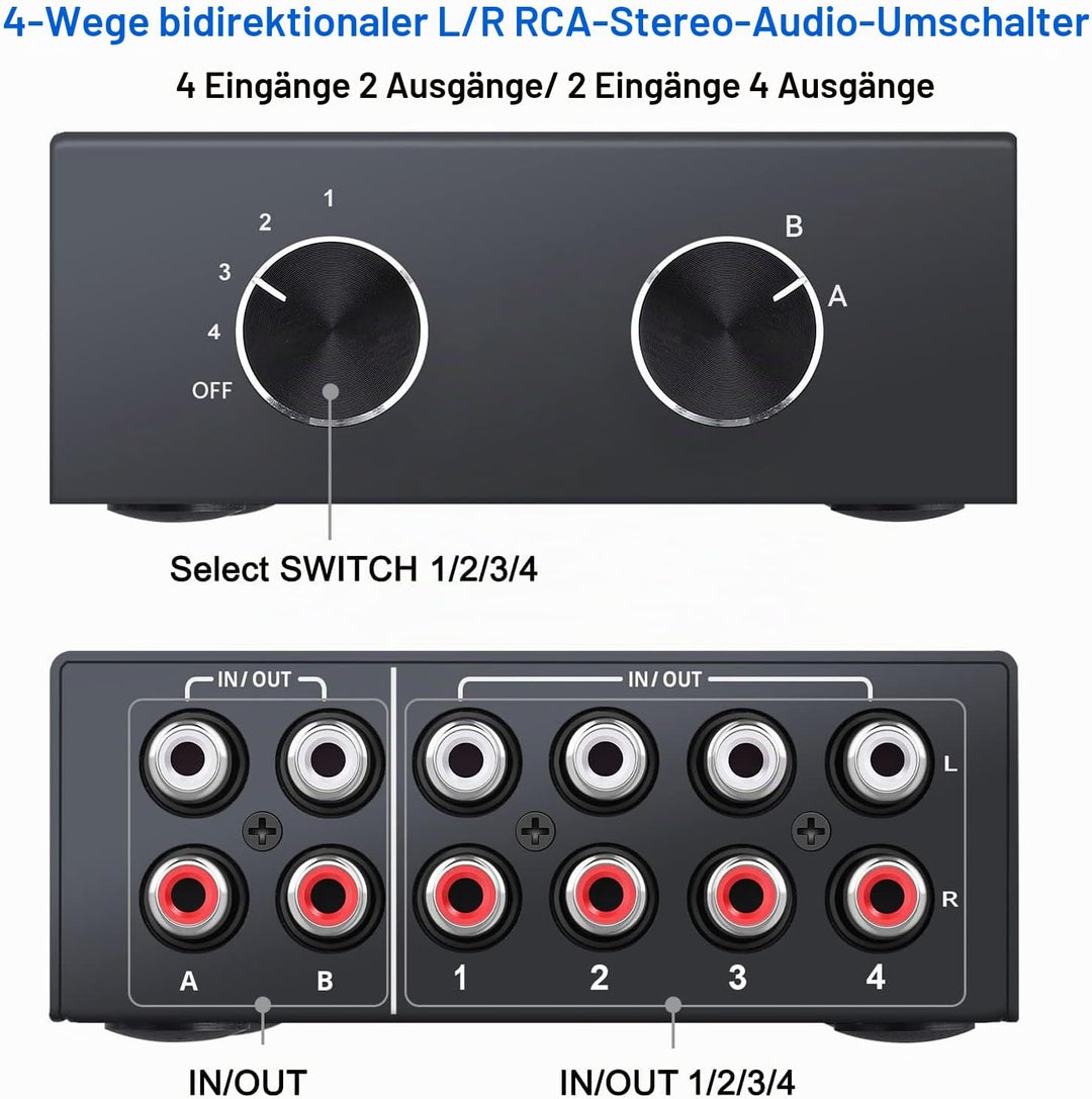 XMSJSIY 4-Wege bidirektionaler L/R RCA Stereo Audio Switcher, 2 in 4 Out oder 4 in 2 Out, L/R Sound