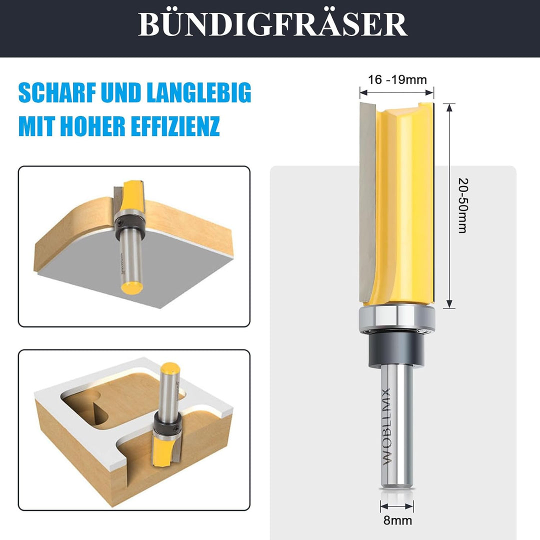 8mm Schaft Bündigfräser,Ø19mm,Arbeitslänge 38mm,mit Kugellager Hartmetall Klinge Handlich,langlebig