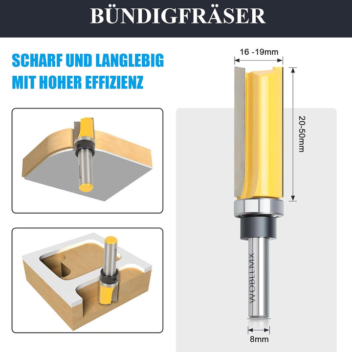8mm Schaft Bündigfräser,Ø19mm,Arbeitslänge 38mm,mit Kugellager Hartmetall Klinge Handlich,langlebig