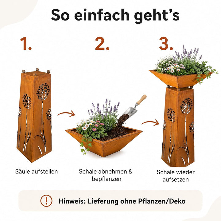 Rostikal Pflanzsäule Pusteblume 120 cm - inkl. Abnehmbarer Dekorative Pflanzschale - Hochwertige Gar