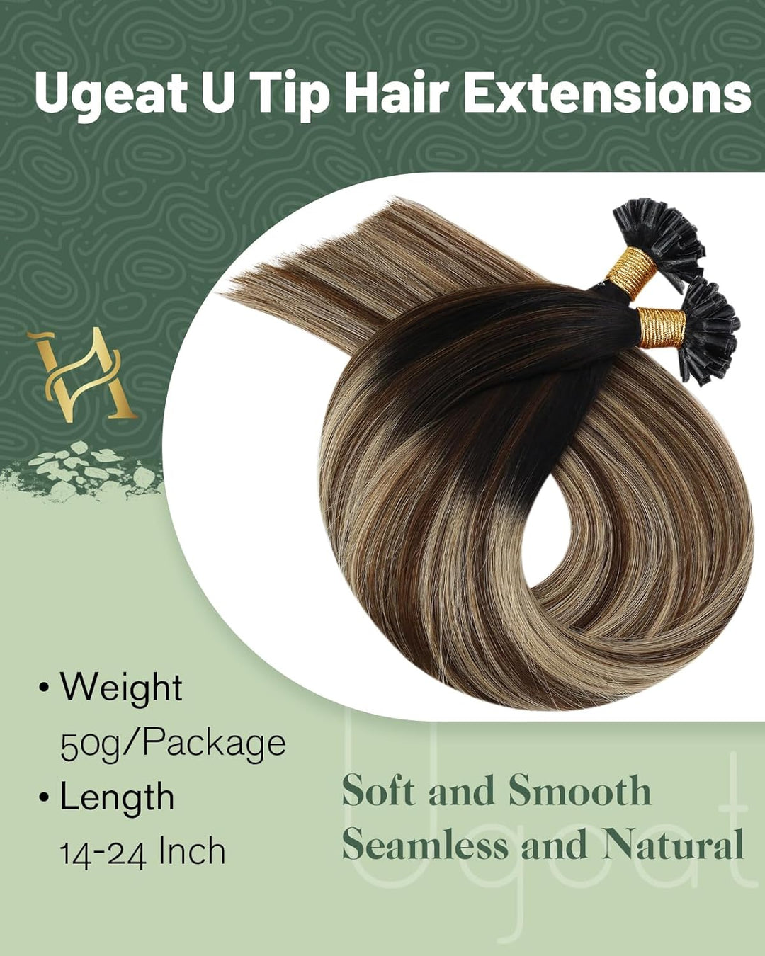 Ugeat Bonding Extensions Echthaar Utip 40cm 1B/4/27 Schwarz zu Dunkelbraun und Karamellblond Keratin