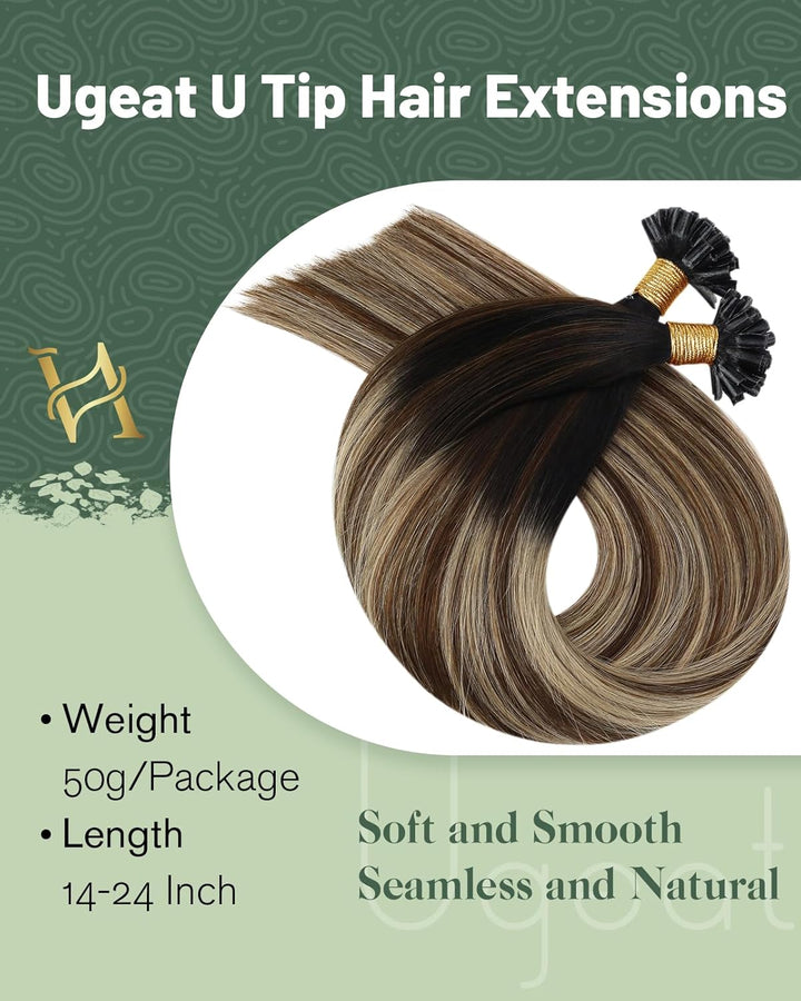 Ugeat Bonding Extensions Echthaar Utip 40cm 1B/4/27 Schwarz zu Dunkelbraun und Karamellblond Keratin