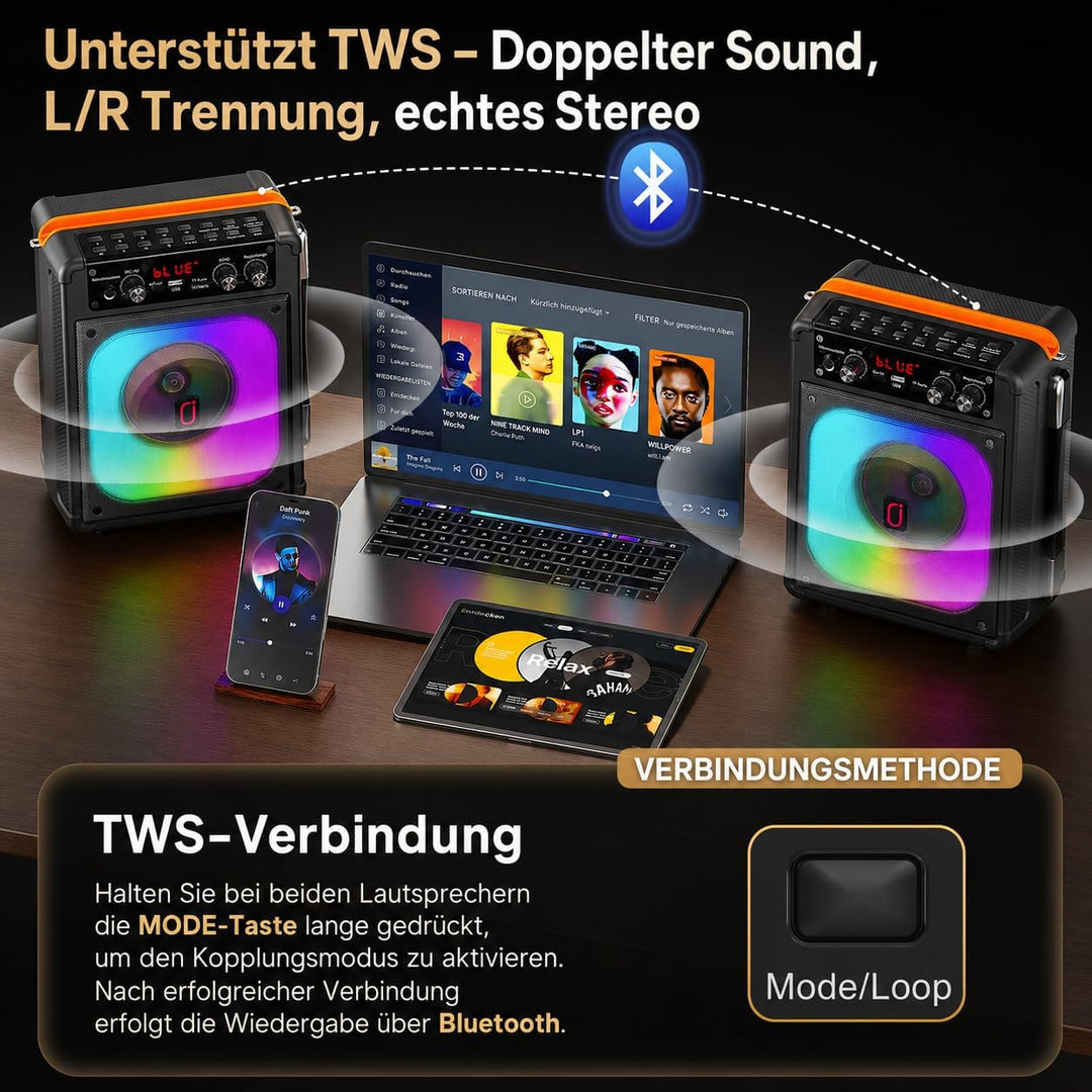 Karaoke Maschine Karaoke Anlage Mit 2 Mikrofonen, Karaoke Set Tragbare Karaoke Maschine Mit 2 Drahtl