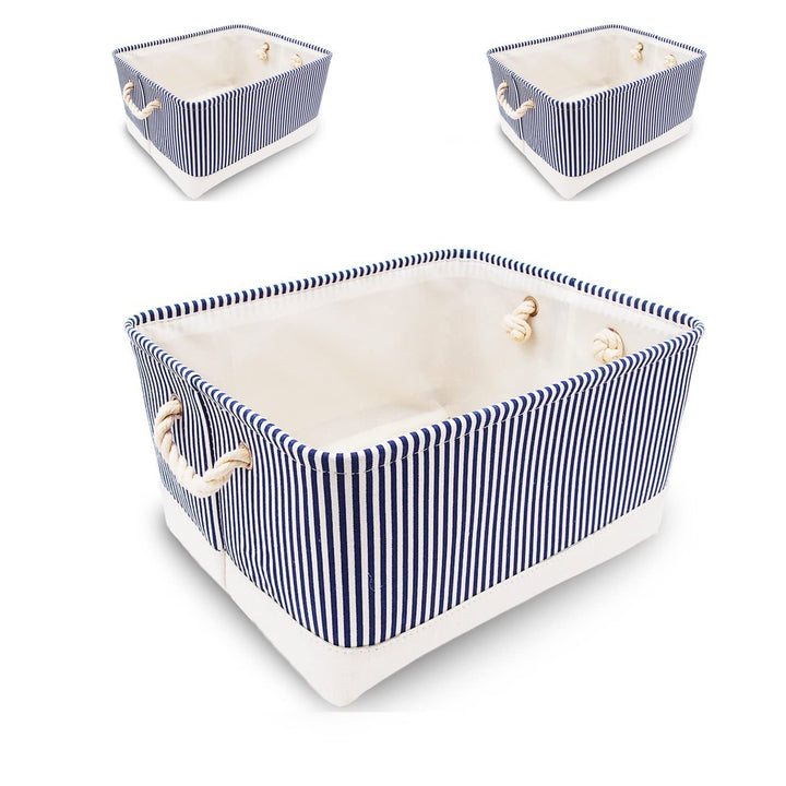 Mangata Faltbare Aufbewahrungsboxen, grosse Stoffkörbe, 3er-Pack (Blauer Streifen, Gross) L Blauer S