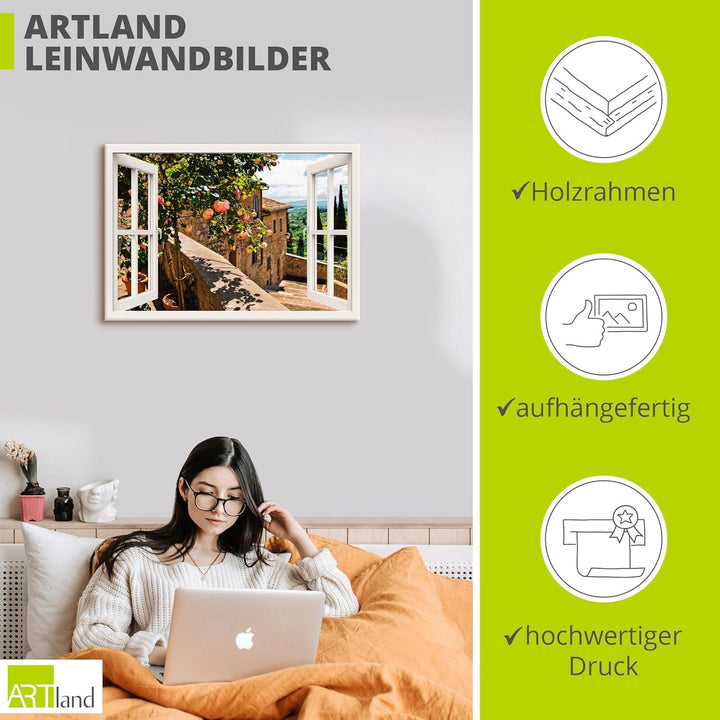 Artland Leinwandbild Wandbild Bild auf Leinwand 100x70 cm Wanddeko Fensterblick Fenster Toskana Land