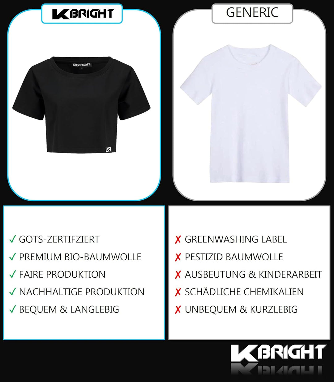 K-BRIGHT Damen Crop Top Kurzarm Basic Nachhaltig Bio Baumwolle Freizeit Sportoberteil Essential Shir