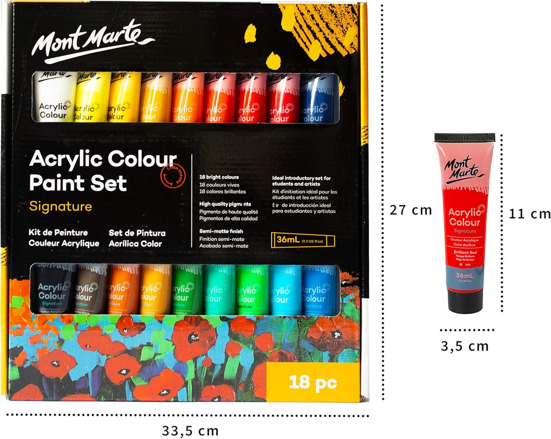 Mont Marte Acrylfarben Set Premium – 18 x 36ml – Ideal für Acrylmalerei – Brillante Lichtechte Farbe