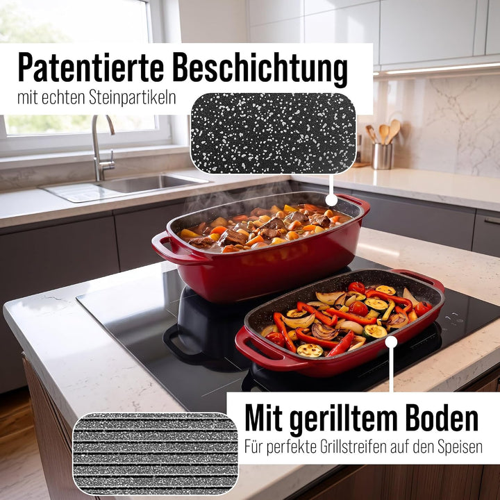 STONELINE Bräter Induktion 43 x 26 cm, 7,8 L, Bräter mit Deckel backofengeeignet, Deckel als Auflauf