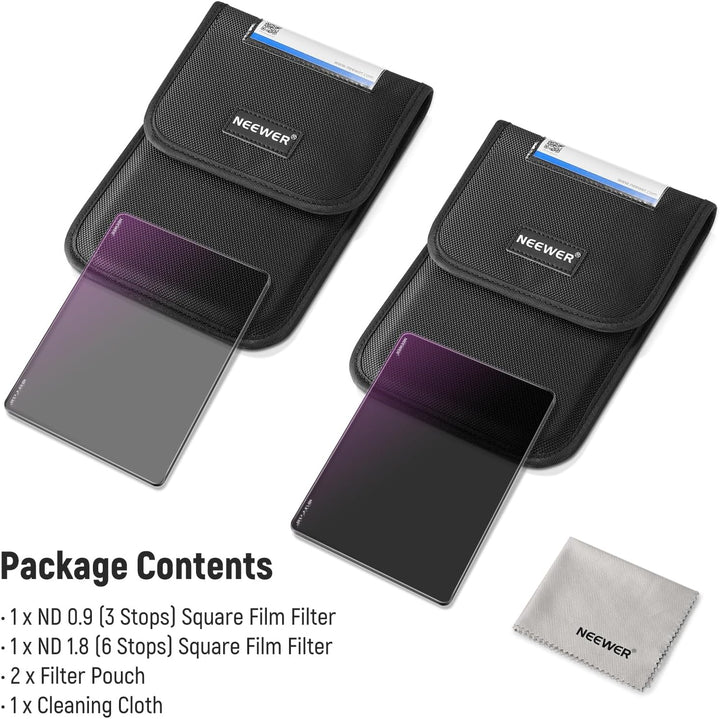 NEEWER 2 Pack ND0.9/1.8 (3/6 Stops) Square ND Filter, 4" x5,65 Dual Sided 30 Multi Nano Coated Cinem