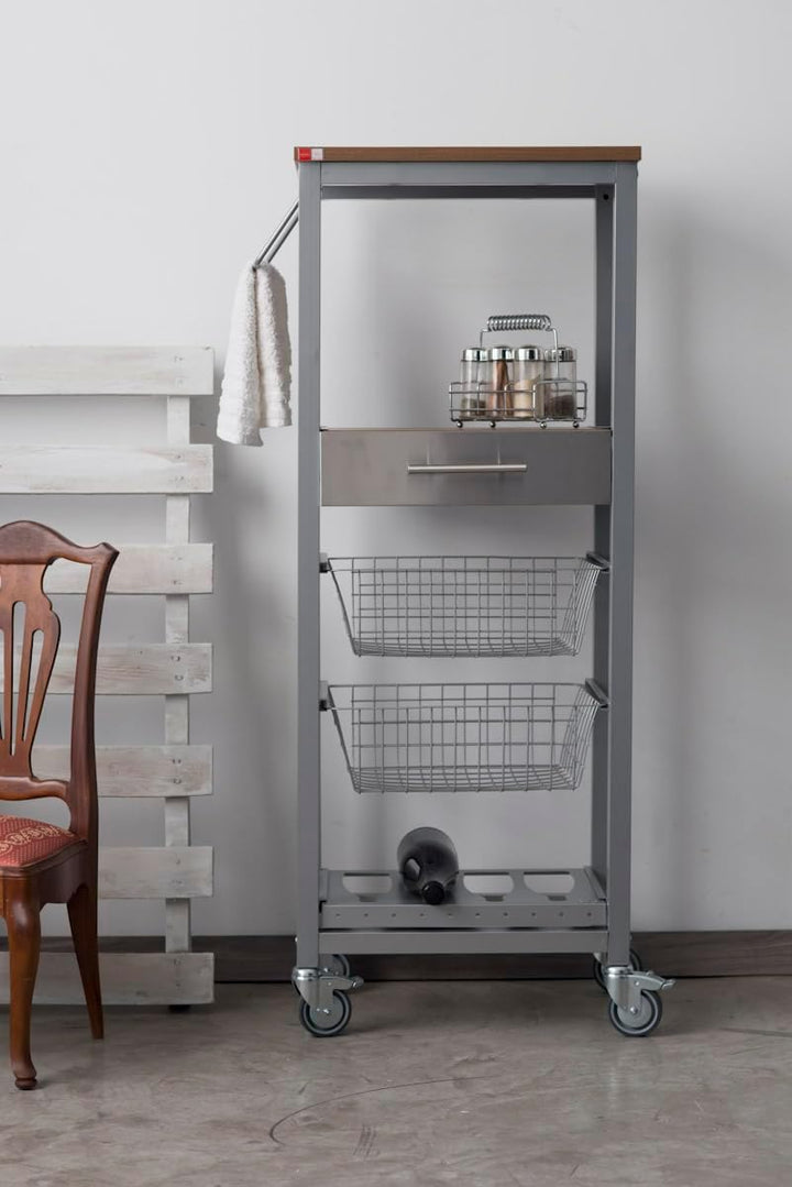 DON HIERRO -Küchenwagen ONDA Alto – Metall-Beistellmöbel in Aluminiumoptik mit 2 Körben, Schublade u