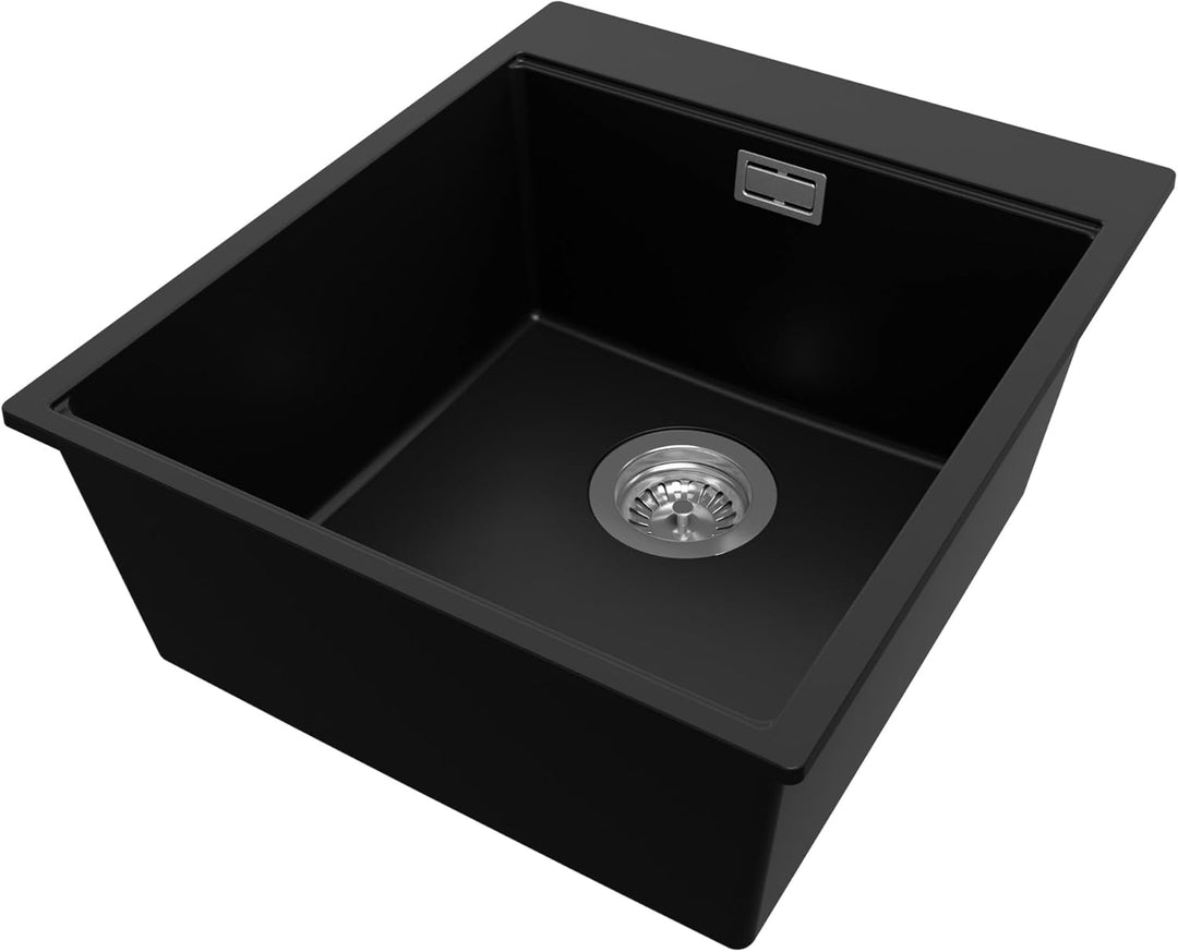 PRIMAGRAN Spülbecken Schwarz 43x50cm, Granitspüle 1 Becken + Ablauf-Set, Küchenspüle ab 45er Untersc