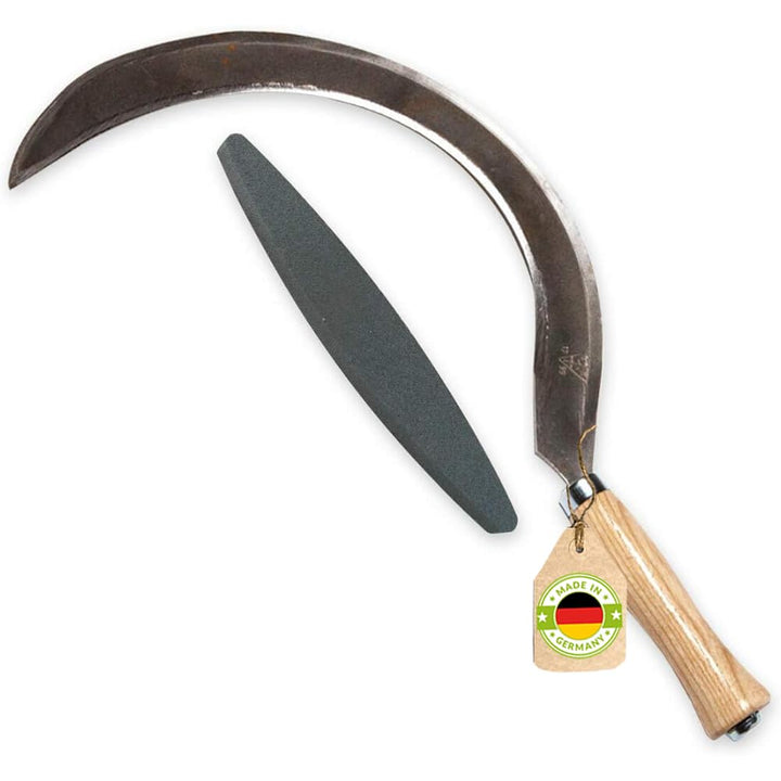 Mondsichel/Blattsichel/Sense inkl. gratis Schleifstein - mit Holzstiel - für Rechtshänder 14 cm Esch