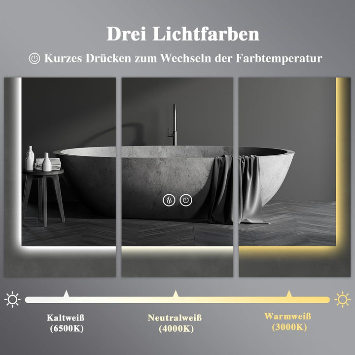 Badezimmerspiegel mit LED Beleuchtung, Beschlagfrei, Touch-Schalter, Dimmbar, 3 Lichtfarben, Wandspi