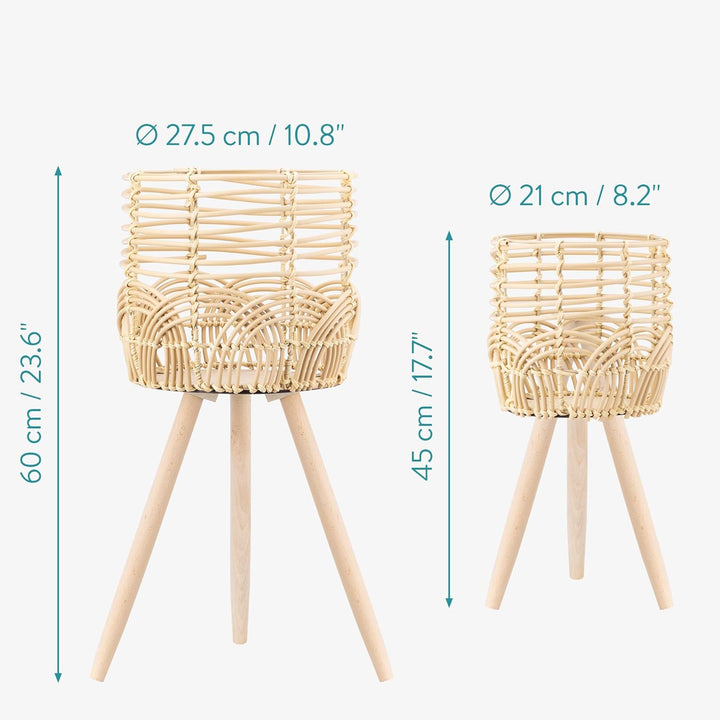 Navaris 2x Blumentopf mit Ständer im Rattan Look - Boho Blumentopf geflochten - Pflanzen Hocker im K